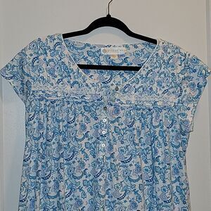 Eileen West Nightgown Blue  Floral Cotton Short Pajama Sleep Dress Gown Medium